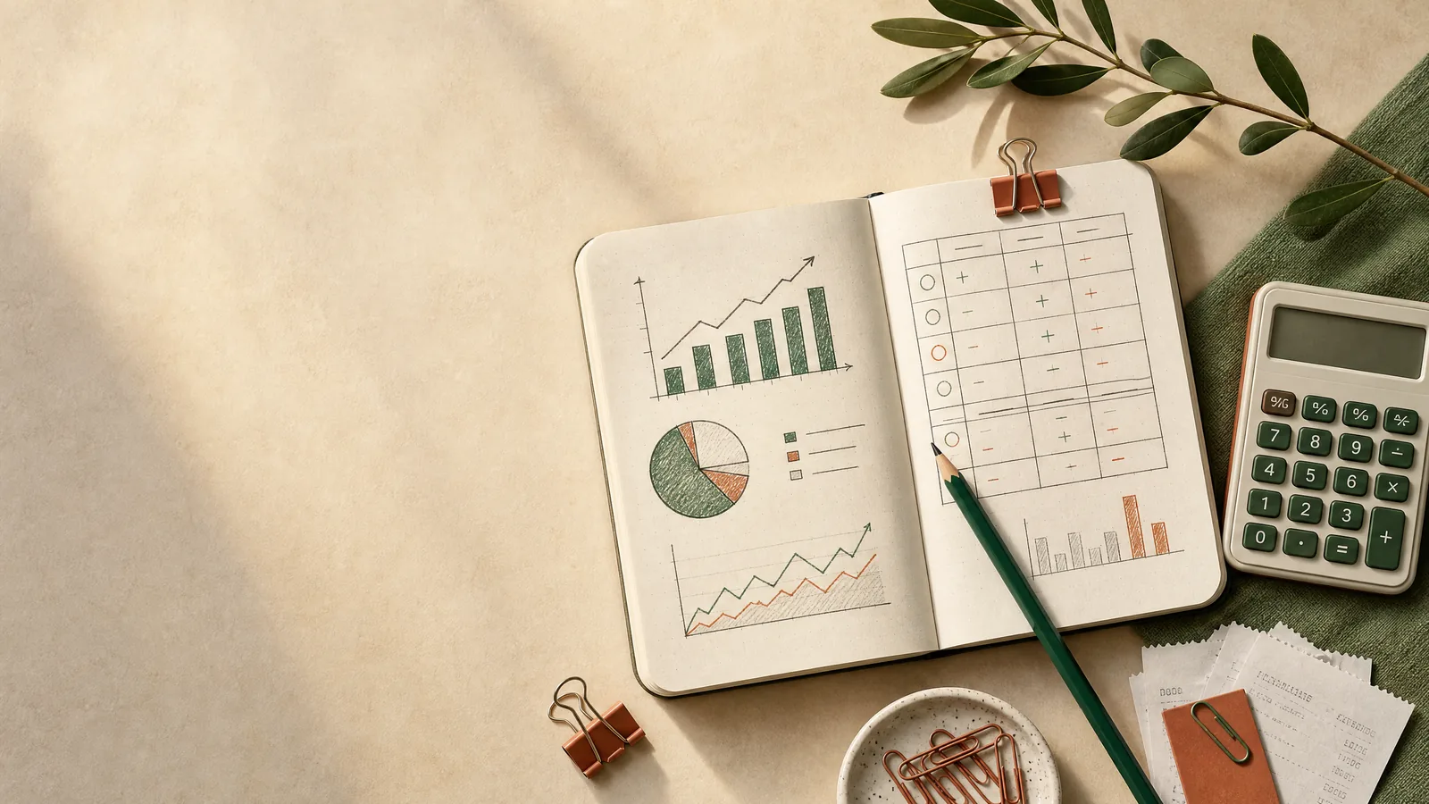 Caderno, calculadora e materiais de planejamento de negócios sobre uma mesa