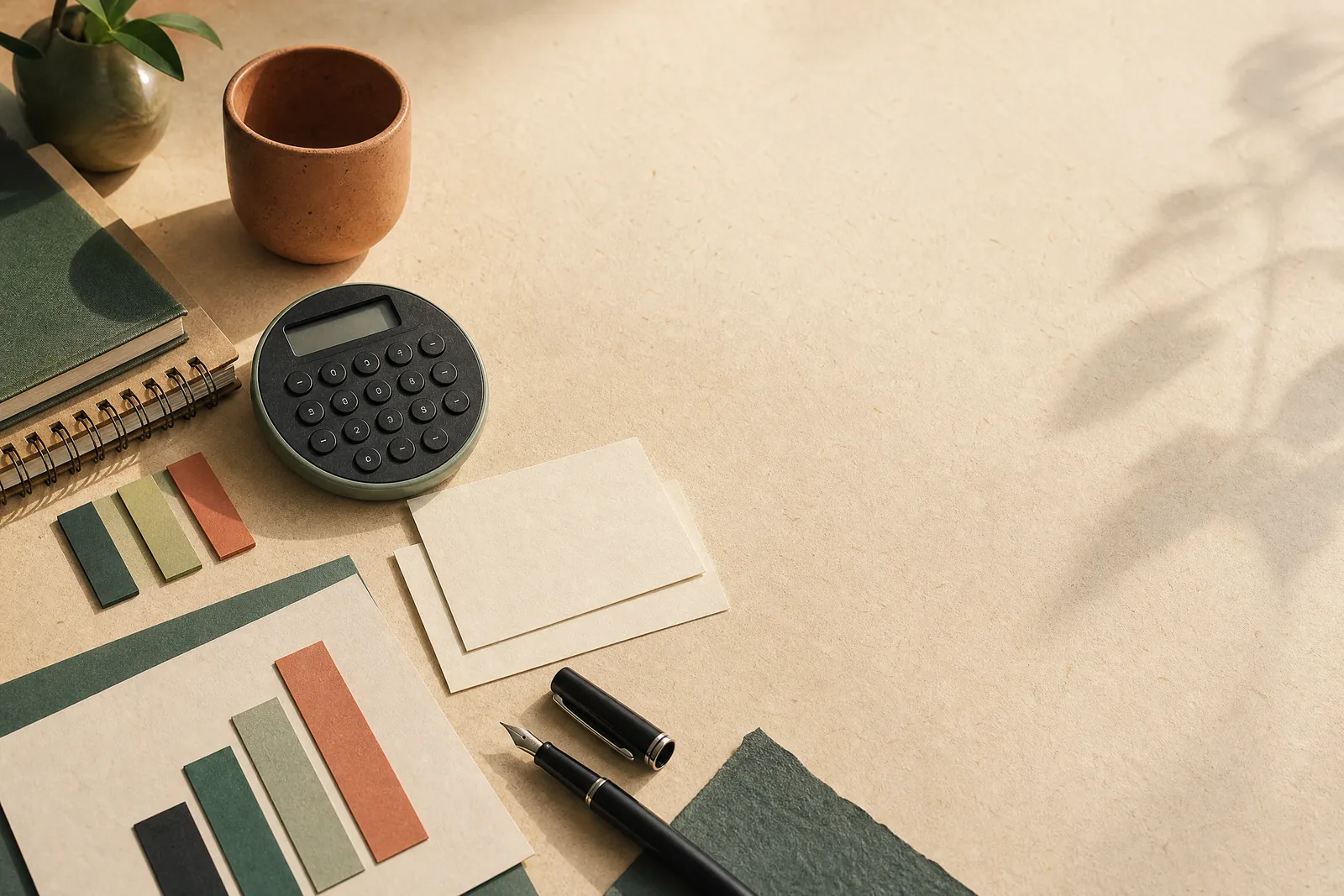 Materiais de planejamento empresarial organizados sobre uma mesa